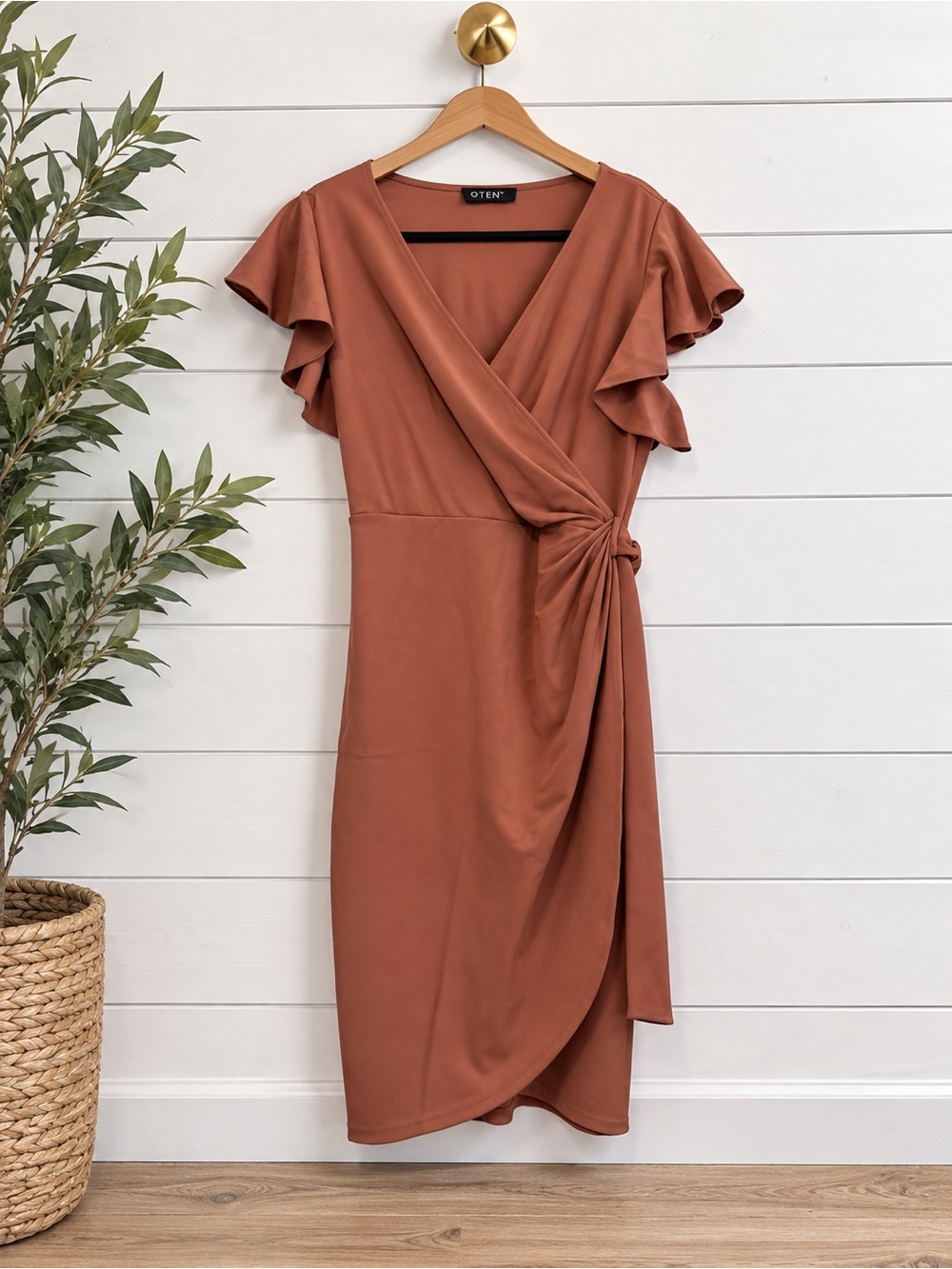 🍂 Rust Wrap Dress Size XL Flutter Sleeve Side Tie Midi Dress